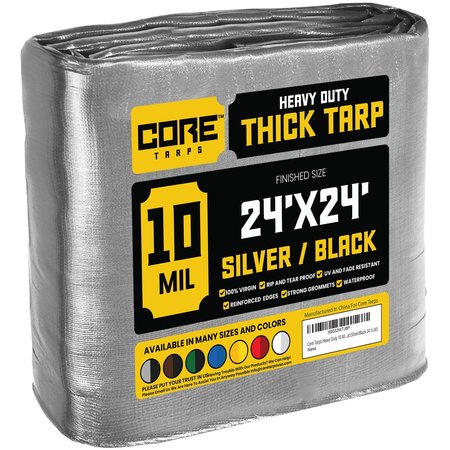 CORE TARPS 24 ft x 24 ft Heavy Duty 10 Mil Tarp, Silver/Black, Polyethylene, Waterproof, Rip and Tear Proof CT-601-24X24